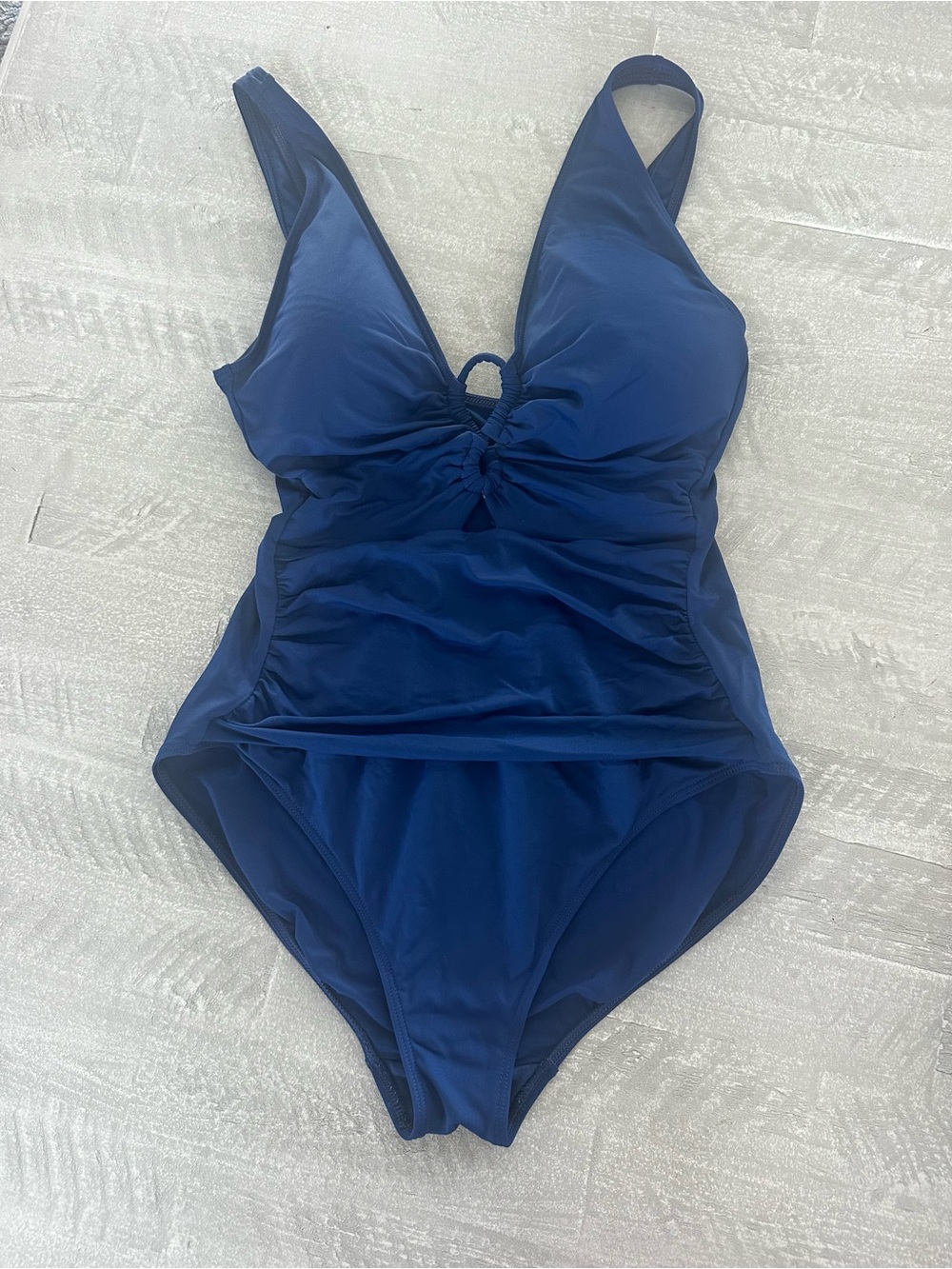 Lauren Ralph Lauren Swimsuit Sz 14 Blue One Piece Swim Ruched Waist V Neck